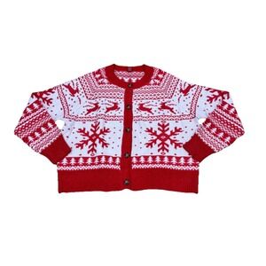 Dec. 25th Cardigan‎ Sweater Women's XXL Red White Reindeer Christmas EUC